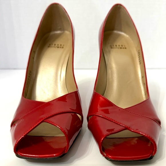 EUC Stuart Weitzman Max Red Quasar Patent Leather Peep Toe Heels - Picture 4 of 9
